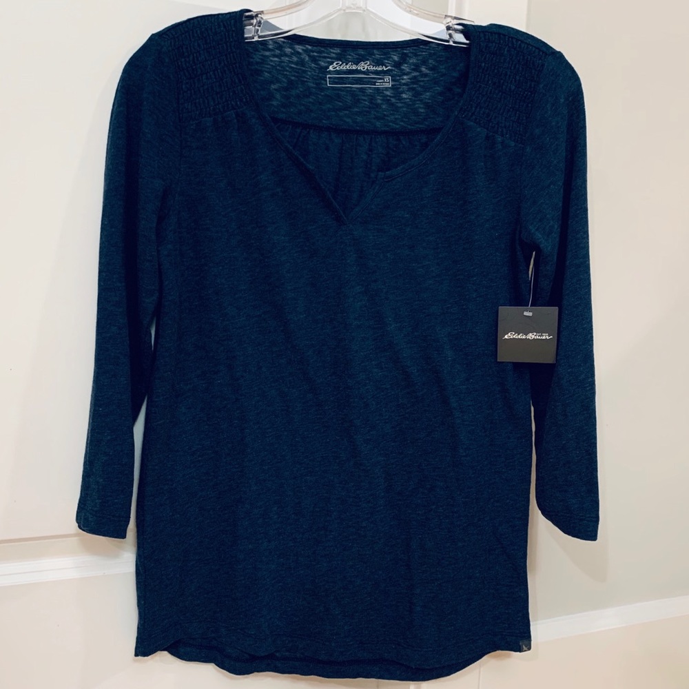 NWT Eddie Bauer 3/4 Sleeve Navy Jetset Shirt Top